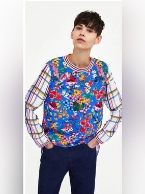 Zara Woman Floral & Plaid Top Long Sleeve High-Low Crewneck Blouse Colourful